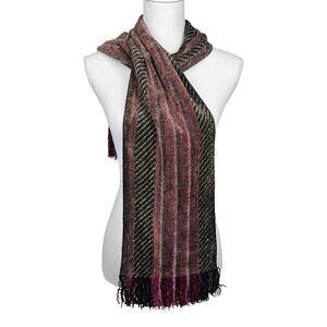 THE DUNLAP WEAVERS VINTAGE 80's WOVEN RAYON SCARF – BURGUNDY/BLACK/GRAY STRIPE